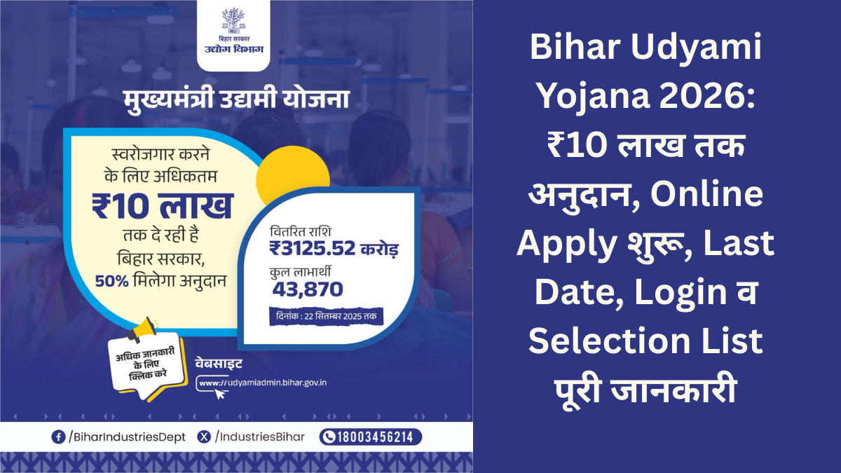 Bihar Udyami Yojana 2026: ₹10 लाख तक अनुदान, Online Apply शुरू, Last Date, Login व Selection List पूरी जानकारी